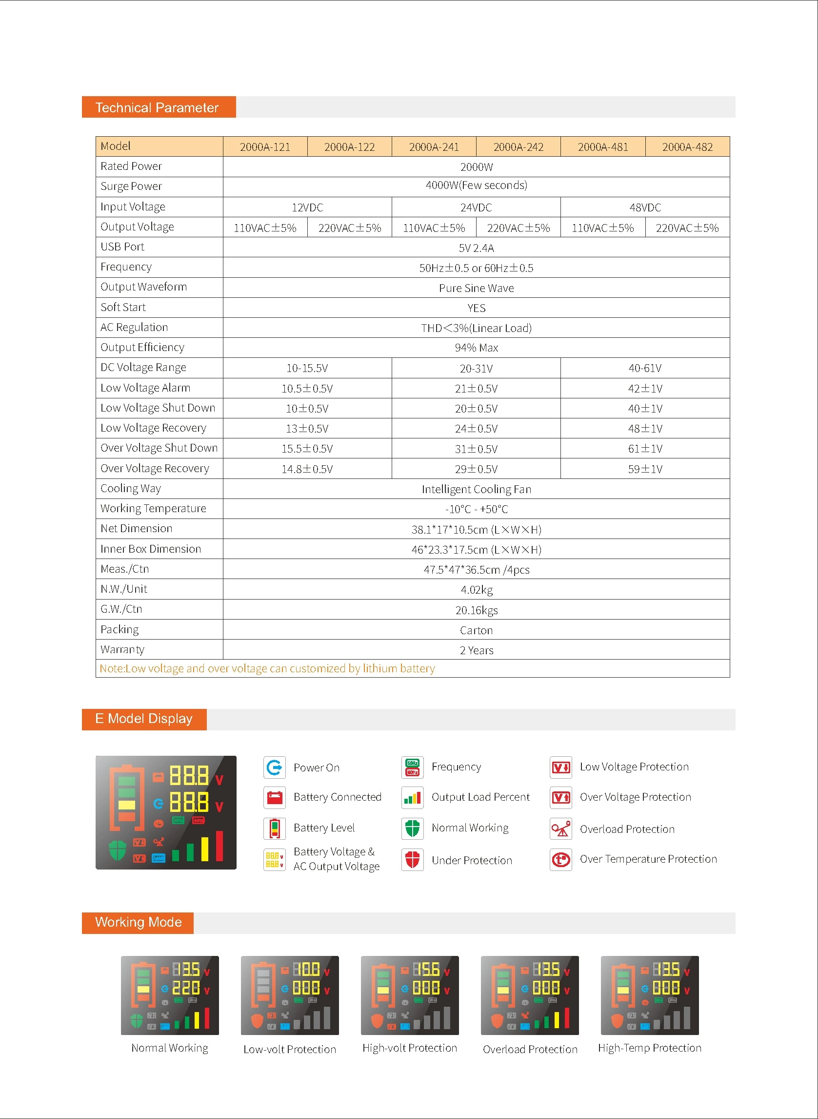 Pure Sine Wave Inverter SGPE 2000w 12/24/48VDC (Color display and remote control is optional)
