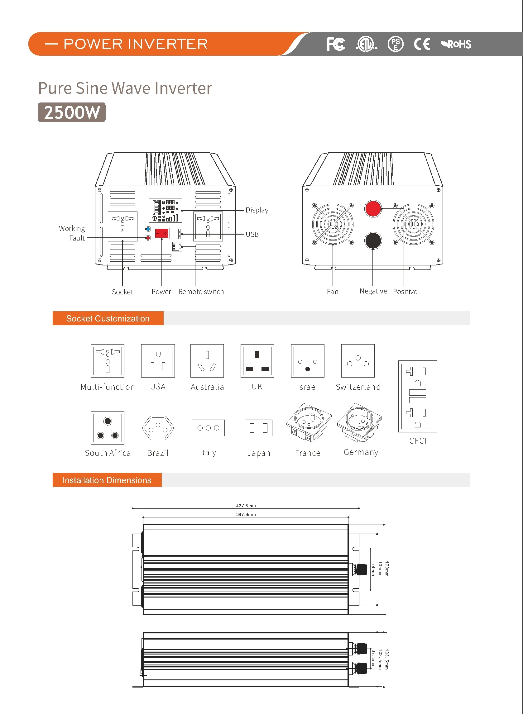 Pure Sine Wave Inverter SGPE 2500w 12/24/48VDC (Color display and remote control is optional)