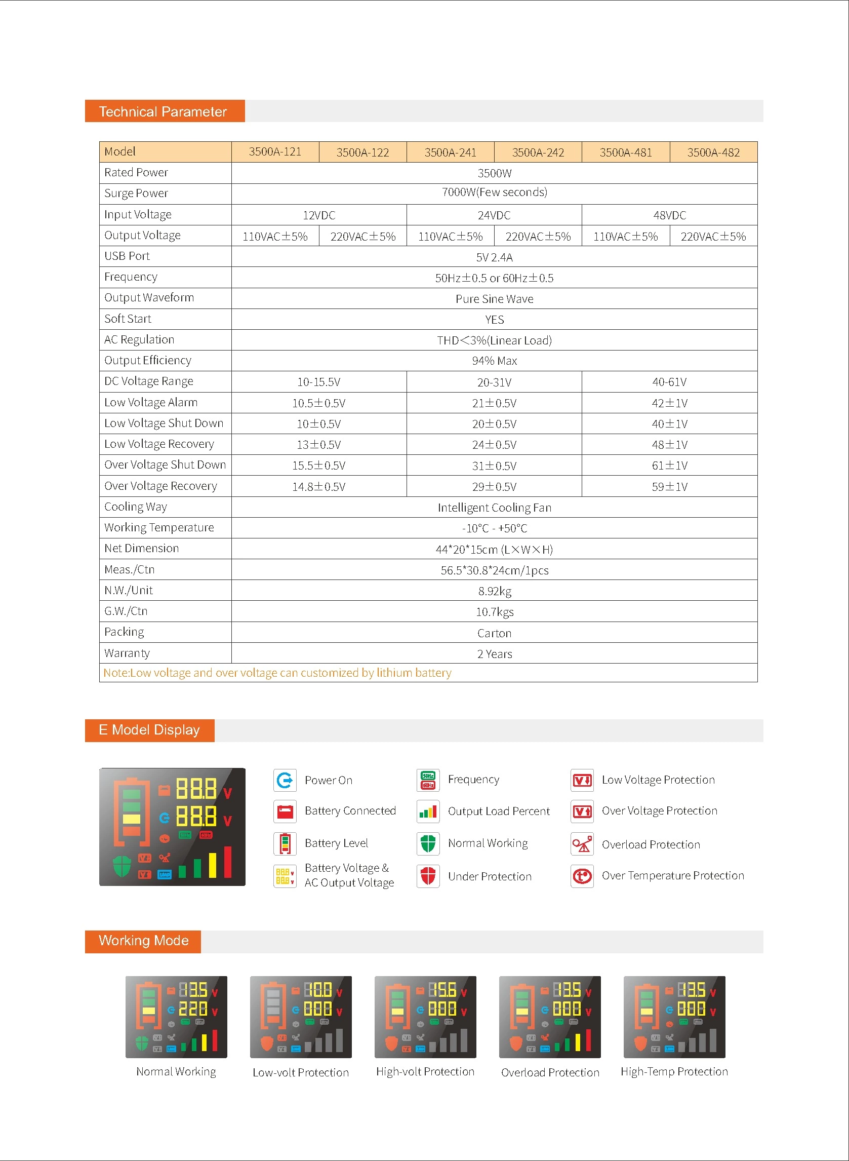 Pure Sine Wave Inverter SGPE3500w 12/24/48VDC (Color Display And Remote Control Is Optional)