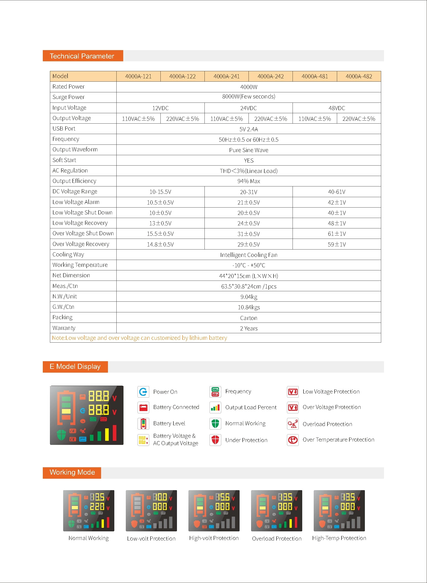 Pure Sine Wave Inverter SGPE4000w 12/24/48VDC (Color Display And Remote Control Is Optional)