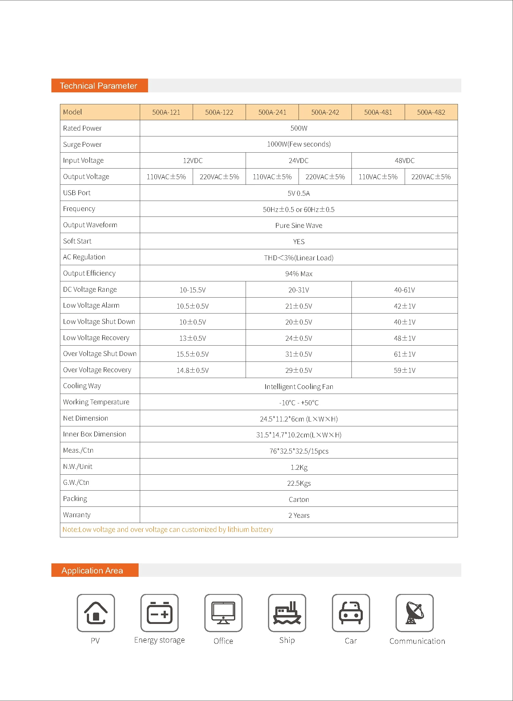 Pure Sine Wave Inverter SGPE 500w 12v/24v/48v No Color Display Or Remote Control
