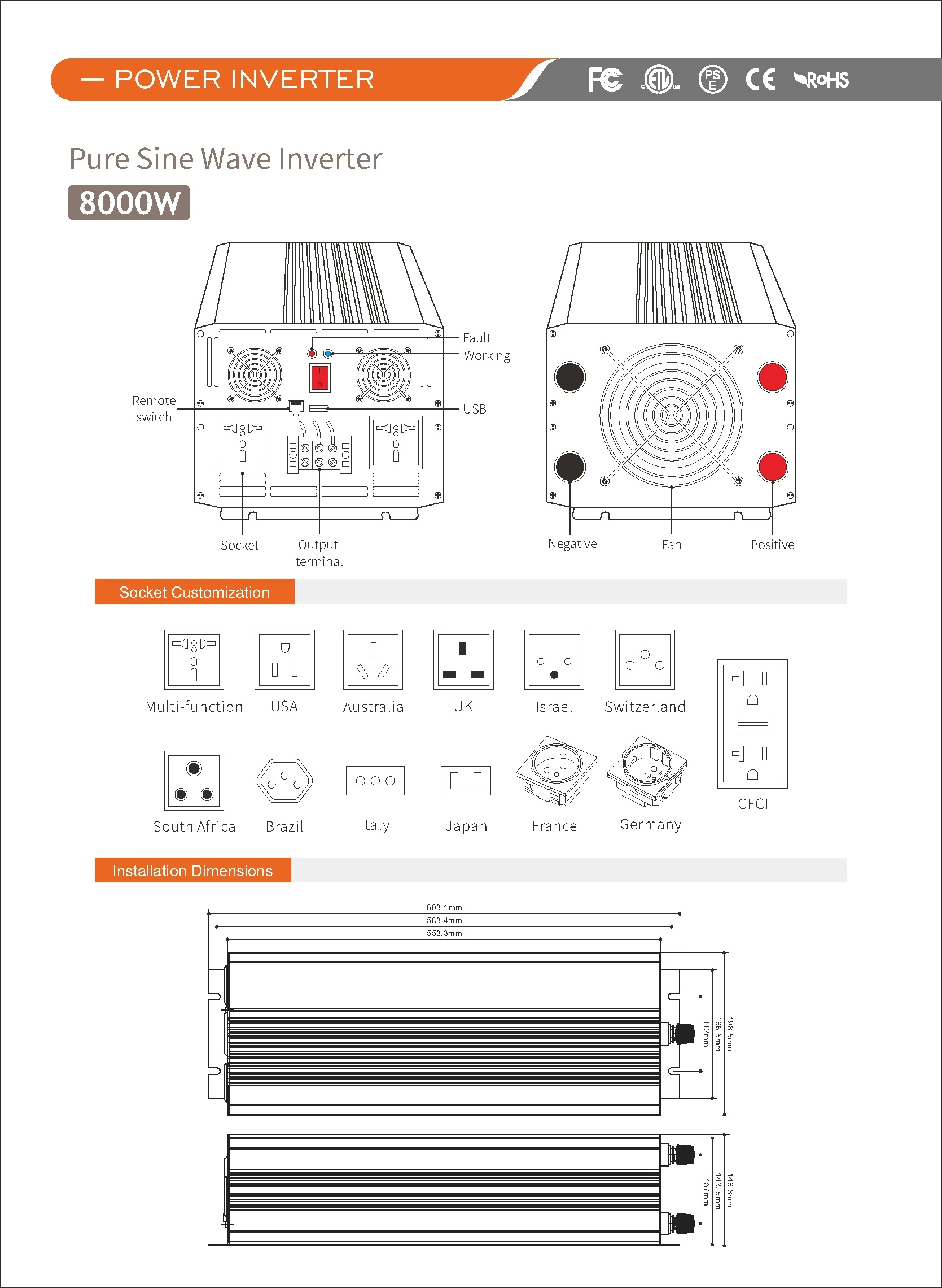 Pure Sine Wave Inverter SGPE1000w/4000W/8000W 12/24/48VDC (Color Display And Remote Control Is Optional)