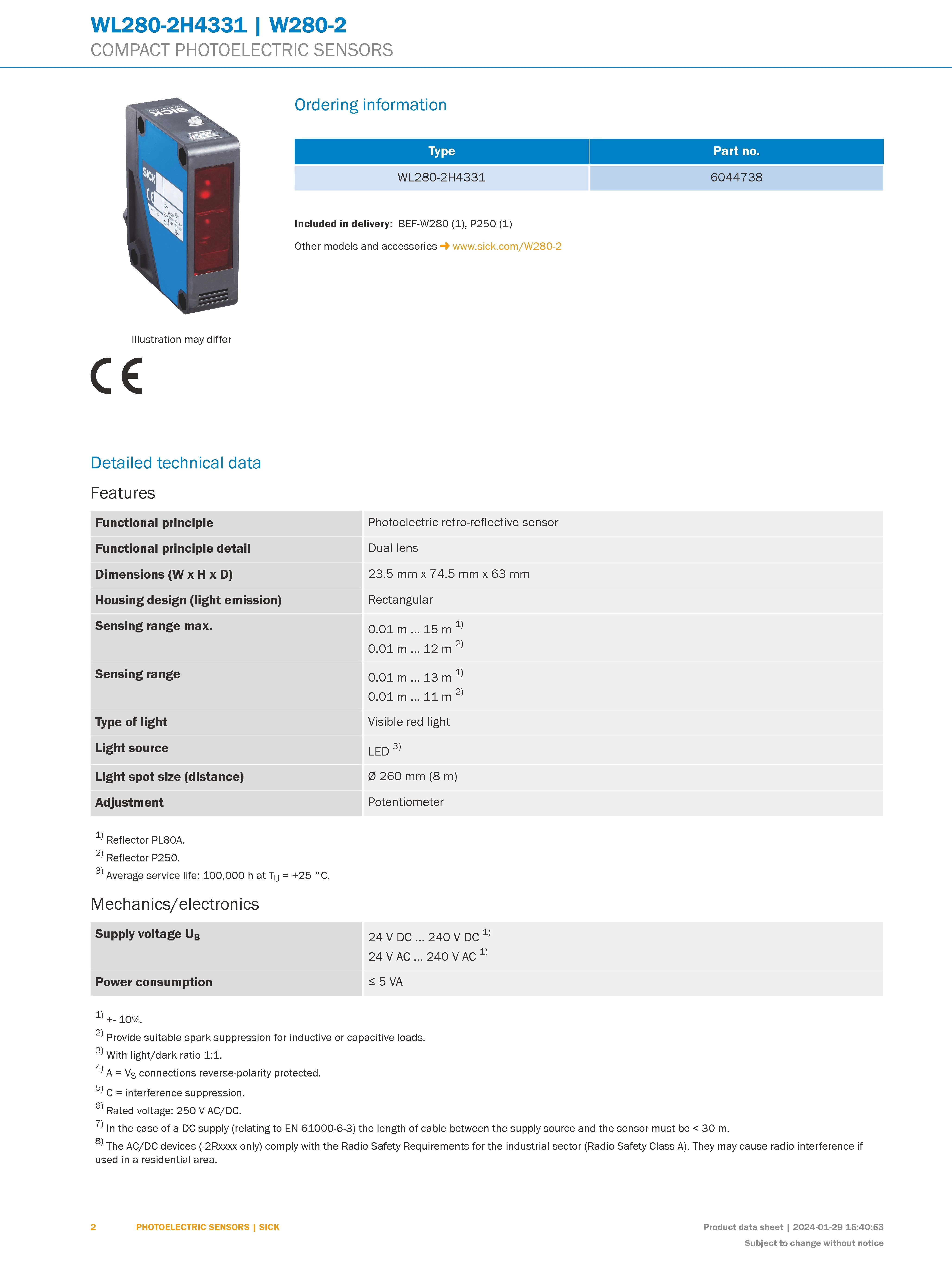 SICK WL280-2H4331 Compact Photoelectric Retro-reflective Sensors