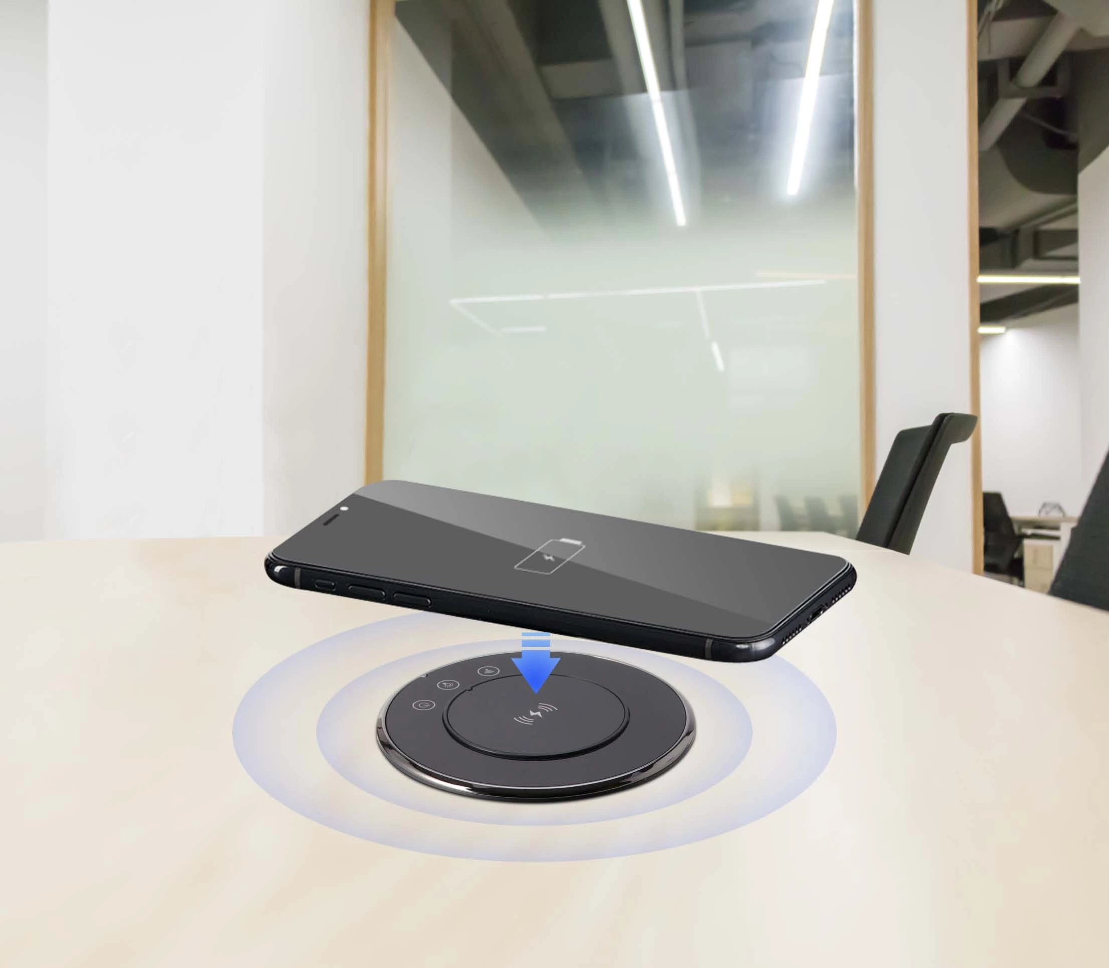 Motorized pop up QI wireless charger fast charging desktop switch socket with usb outlet