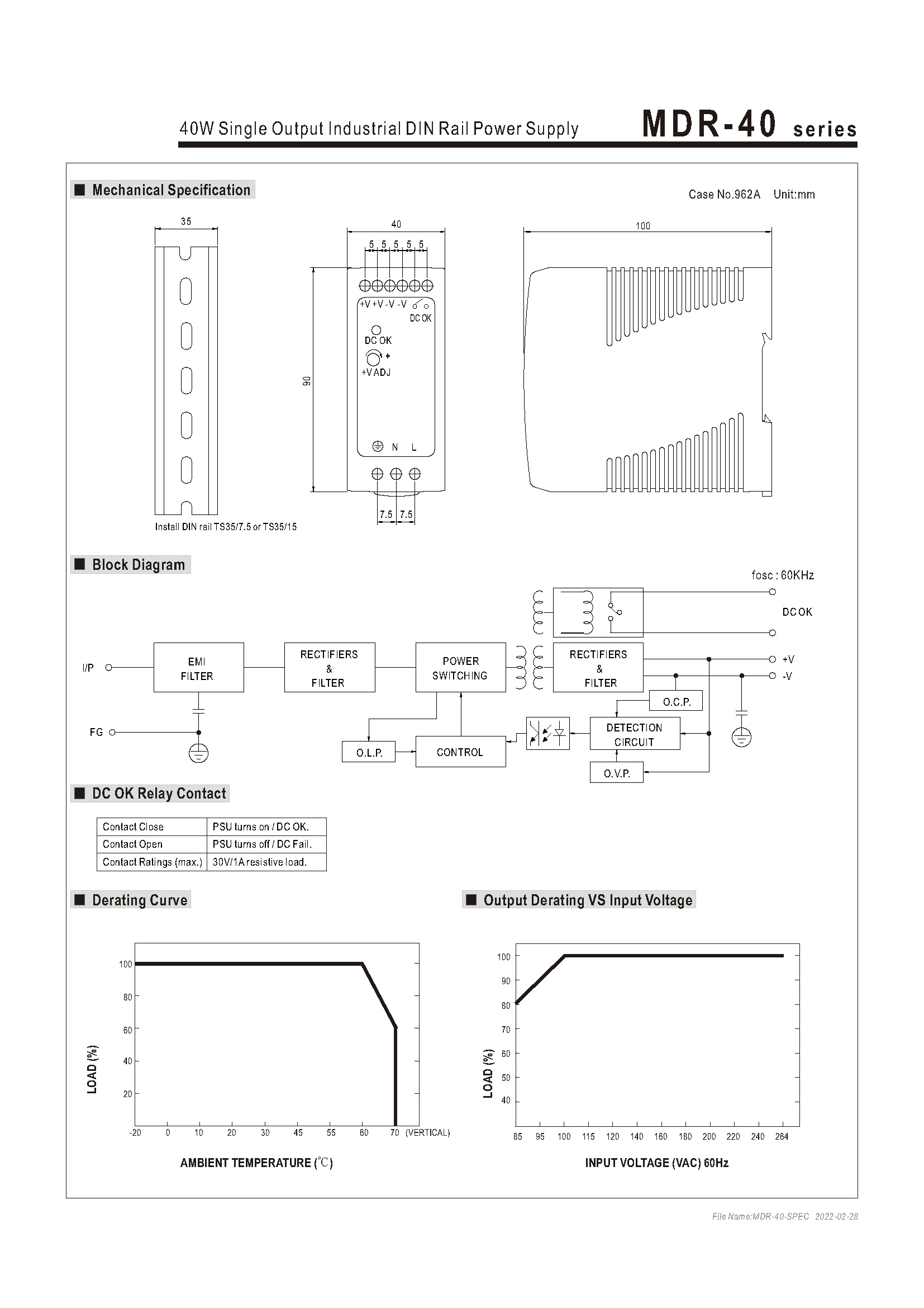 40W Single Output Industrial DIN Rail Power Supply MDR-40-24