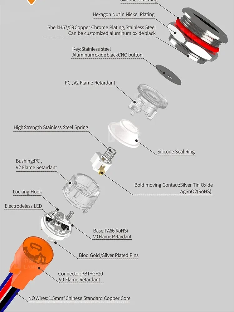 22mm MAX Current 16A Metal Push Button Switch Waterproof IP65 Momentary with LED Light