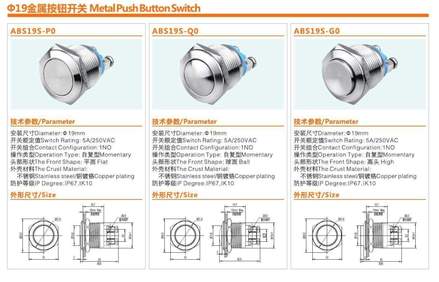 Hot sale 19mm ABS19F-P0 stainless steel flat metal push button