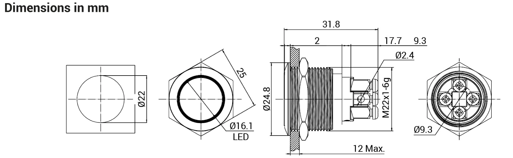 Metal push button JS22F-11E-W-12V-S Selevator equipment waterproof LED button
